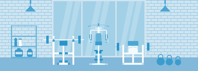 Fitness gym interior template with sports equipments and cardio equipment, exercise bike, treadmills, elliptical trainers, . Fitness concept with sport Club in flat style. Blue silhouette.