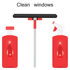 Set for washing window bottles with decorative drop sprayer wiper isolated on white background art creative vector element for design