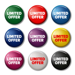 Set of colored round buttons with word 'Limited Offer'. Circle labels for products in online shops. Discount tags looks like pin magnets. Design elements on white background with transparent shadow.