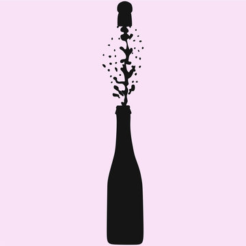 champagne bottle explosion with cork and splashes realistic vector silhouette isolated
