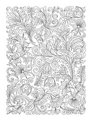 Doodle floral pattern in black and white. Page for coloring book: very interesting and relaxing job for children and adults. Zentangle drawing. Flower carpet in magic garden