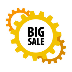 Yellow cartoon gears with words 'Big Sale' isolated on white background. Discount tag for industrial companies, car shops. Cogwheel label for parts stores. Vector design element