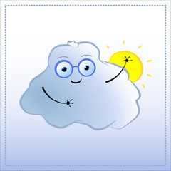 Cartoon character waves hand. Cute Cloud in glasses vector illustration