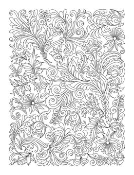 Doodle floral pattern in black and white. Page for coloring book: very interesting and relaxing job for children and adults. Zentangle drawing. Flower carpet in magic garden