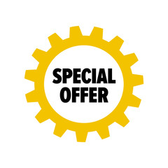 Yellow cartoon gear with words 'Special Offer' isolated on white background. Discount tag for industrial companies, car shops. Cogwheel label for parts stores. Vector design element