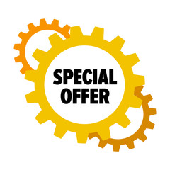 Yellow cartoon gears with words 'Special Offer' isolated on white background. Discount tag for industrial companies, car shops. Cogwheel label for parts stores. Vector design element
