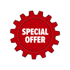Red cartoon gear with words 'Special Offer' isolated on white background. Discount tag for industrial companies, car shops. Cogwheel label for parts stores. Vector design element