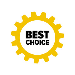 Yellow cartoon gear with words 'Best Choice' isolated on white background. Discount tag for industrial companies, car shops. Cogwheel label for parts stores. Vector design element