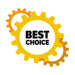 Yellow cartoon gears with words 'Best Choice' isolated on white background. Discount tag for industrial companies, car shops. Cogwheel label for parts stores. Vector design element