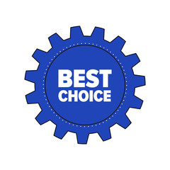 Blue cartoon gear with words 'Best Choice' isolated on white background. Discount tag for industrial companies, car shops. Cogwheel label for parts stores. Vector design element