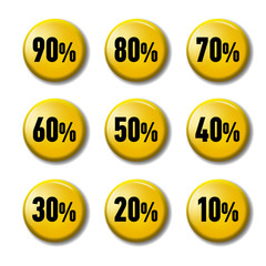 Bright yellow round buttons with discount tags from 90 to 10 percent. Sale labels for industrial shop or car service. Plastic circles on white background with shadow. Realistic vector illustration