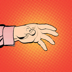 Man's hand holding out for something. Man calling for. Man inquiring for something. Man's hand. Reaching out something. Requiring something. Halftone background