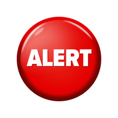 Glossy red round button with word 'Alert' on white background. Bright plastic circle. Realistic vector illustration