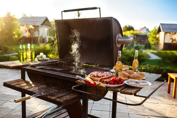 Barbecue grill party. Tasty food on wooden desk.