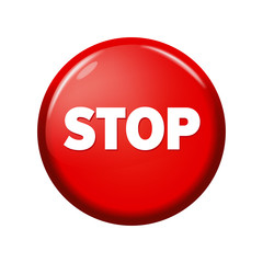 Glossy red round button with word 'Stop' on white background. Bright plastic circle. Realistic vector illustration