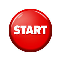 Glossy red round button with word 'Start' on white background. Bright plastic circle. Realistic vector illustration
