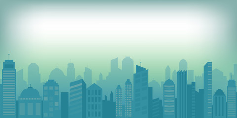 Cityscape and skyline vector illustration with blue urban buildings and silhouette.
