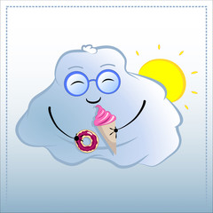 Cartoon character with donut and icecream. Cute Cloud in glasses vector illustration.