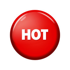Glossy red round button with word 'Hot' on white background. Bright plastic circle. Realistic vector illustration
