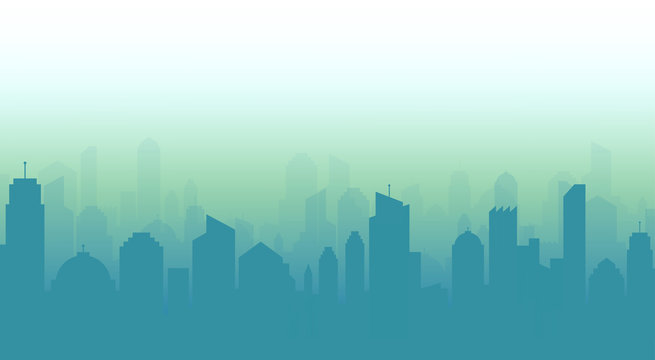 Cityscape and skyline vector illustration with blue urban buildings and silhouette.
