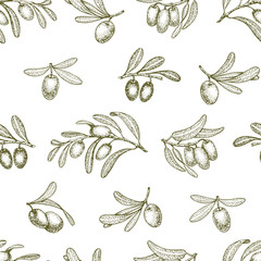 Fototapeta premium Seamless pattern with olive branches. Retro decorative texture background. Vector
