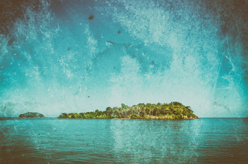 One wild green island in ocean water with grunge effect