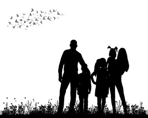 silhouette family walking on grass, playing