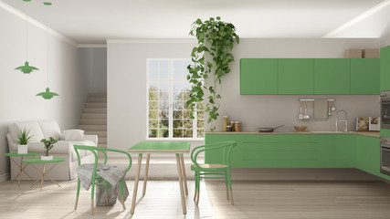 Scandinavian green minimalist living with kitchen, open space, one room apartment, modern interior design