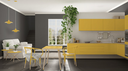 Scandinavian yellow minimalist living with kitchen, open space, one room apartment, modern interior design