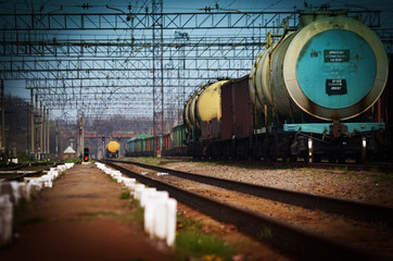 Ukraine. Freight wagons and tank cars on a railway station