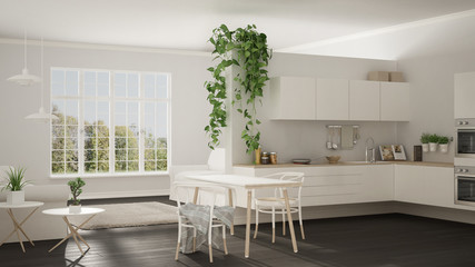 Fototapeta premium Scandinavian white minimalist living with kitchen, open space, one room apartment, modern interior design