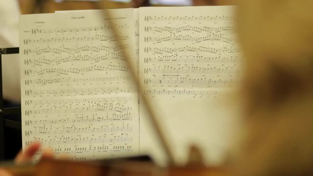 Female violinist plays violin at a classical music concert against note sheet