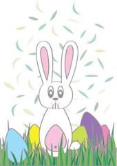 vector illustration of easter bunny with colorful eggs isolated on white background