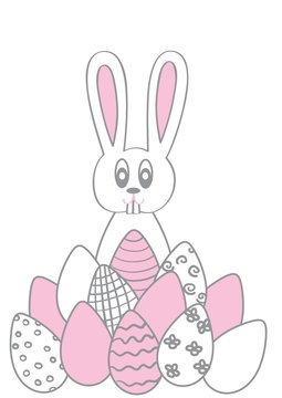 funny cartoon vector painting of easter rabbit with eggs