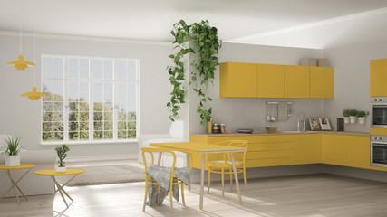 Scandinavian yellow minimalist living with kitchen, open space, one room apartment, modern interior design