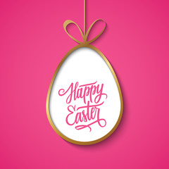 Greeting card with golden easter egg and handwritten wishes of a Happy Easter. Vector illustration.