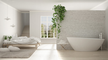 Fototapeta na wymiar Scandinavian white minimalist bathroom and bedroom, open space, one room apartment, modern interior design