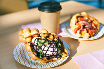 The Hong Kong waffles and paper coffee cup
