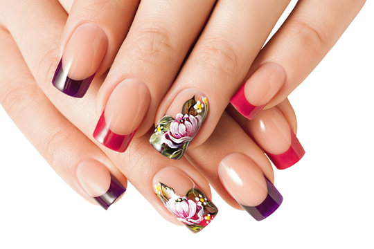 Female manicure and floral patterns. Isolated on white.