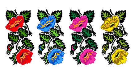 Set. Color  image of flowers (poppies) using traditional Ukrainian embroidery elements. Can be used as pixel-art.