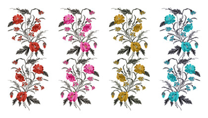 Set. Color  bouquet of flowers (poppies,ears of wheat and cornflowers).Ukrainian embroidery elements. Hand made. Border pattern. Can be used as pixel-art.