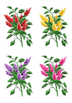 Set. Color vector bouquet of flowers (pink bloom of lilacs) using traditional Ukrainian embroidery elements. Can be used as pixel-art.