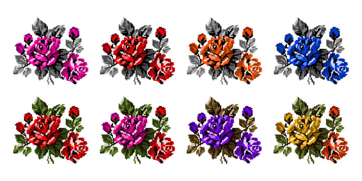 Set. Color bouquet of flowers (roses)  using traditional Ukrainian embroidery elements.  Can be used as pixel-art, card, emblem, icon.