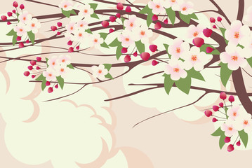Fototapeta premium Spring landscape with branches of blooming tree with white and pink flowers on the sky with clouds