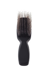 Black hair brush isolated closeup 