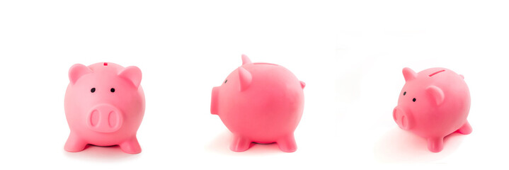 Pink piggy bank on white background with different angel of view