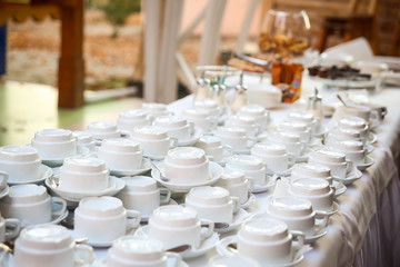 tea sets, collection white coffee cups, buffet, catering