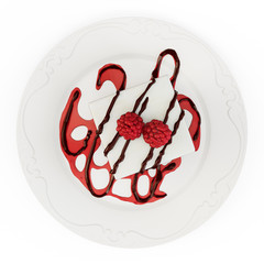 Fototapeta premium Cheese cake with strawberries and raspberries on a white plate. Top view. Isolated on white background. 3D Rendering, 3D Illustration.