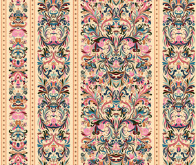 Striped seamless pattern on baroque style. Seamless floral wallpaper. Damask background. Vector illustration. Pastel pink blue on biege background.