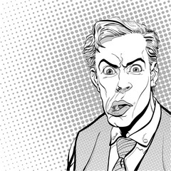 Portrait of scared man. Scared businessman. Surprised man. Pop art retro style illustration. People in retro style. Halftone background. Man's face.